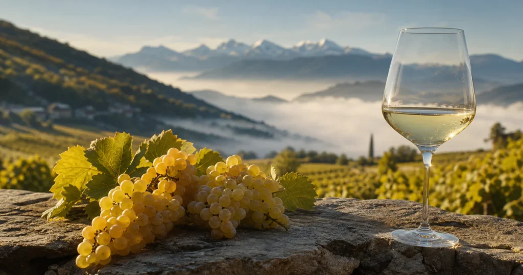 Late-harvest white grapes in a Savoie vineyard with Alpine mountains and a glass of golden white wine.
