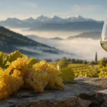 Late-harvest white grapes in a Savoie vineyard with Alpine mountains and a glass of golden white wine.