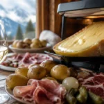 A glass of pale golden Vin de Savoie Abymes beside melted raclette cheese, potatoes, cured meats and pickles on a warm alpine