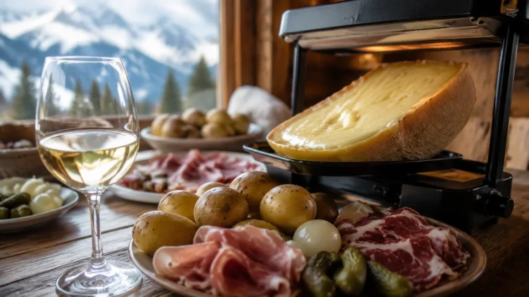 A glass of pale golden Vin de Savoie Abymes beside melted raclette cheese, potatoes, cured meats and pickles on a warm alpine