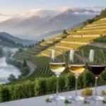 Glasses of white and red Savoie wine set against terraced vineyards and alpine foothills near Jongieux.