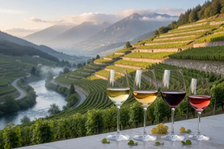 Glasses of white and red Savoie wine set against terraced vineyards and alpine foothills near Jongieux.