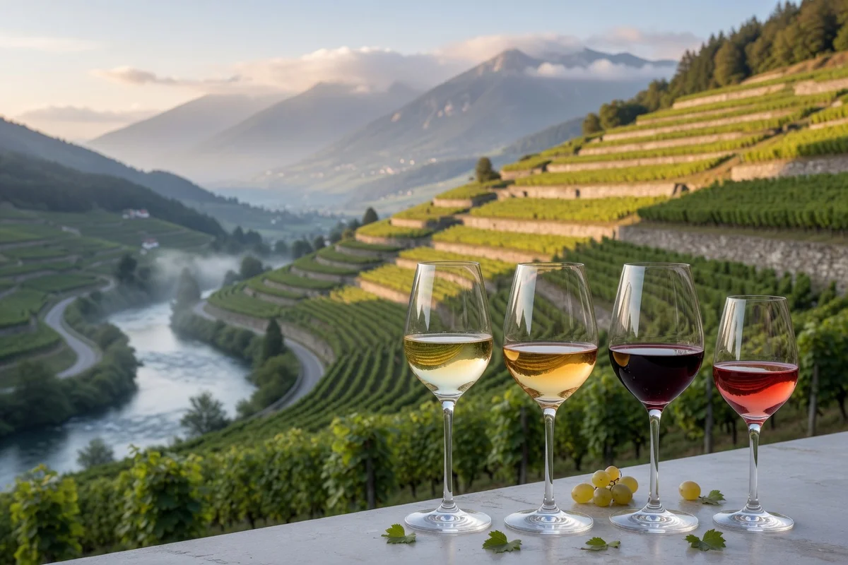 Glasses of white and red Savoie wine set against terraced vineyards and alpine foothills near Jongieux.