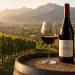 Bouteille de vin rouge de Savoie et verre rempli posés sur un tonneau en bois, avec des vignes de montagne en arrière-plan au