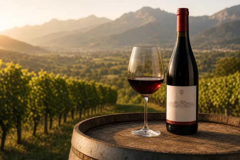 Bouteille de vin rouge de Savoie et verre rempli posés sur un tonneau en bois, avec des vignes de montagne en arrière-plan au