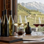 Professional wine tasting table with Savoyard wine bottles, glasses, and alpine vineyard scenery in the background.