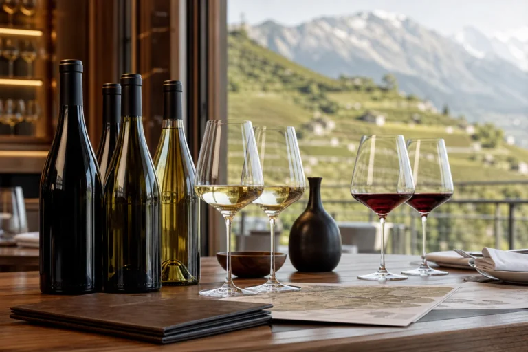 Professional wine tasting table with Savoyard wine bottles, glasses, and alpine vineyard scenery in the background.