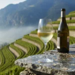 A glass of pale white wine beside an unlabeled bottle overlooking alpine vineyard terraces in Savoie.