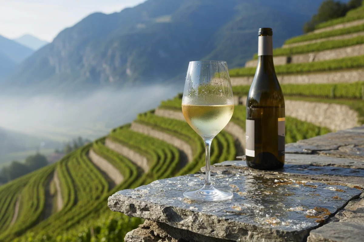 A glass of pale white wine beside an unlabeled bottle overlooking alpine vineyard terraces in Savoie.