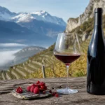 A glass of ruby-red Savoy Gamay wine beside a bottle overlooking alpine vineyards and mountain slopes.