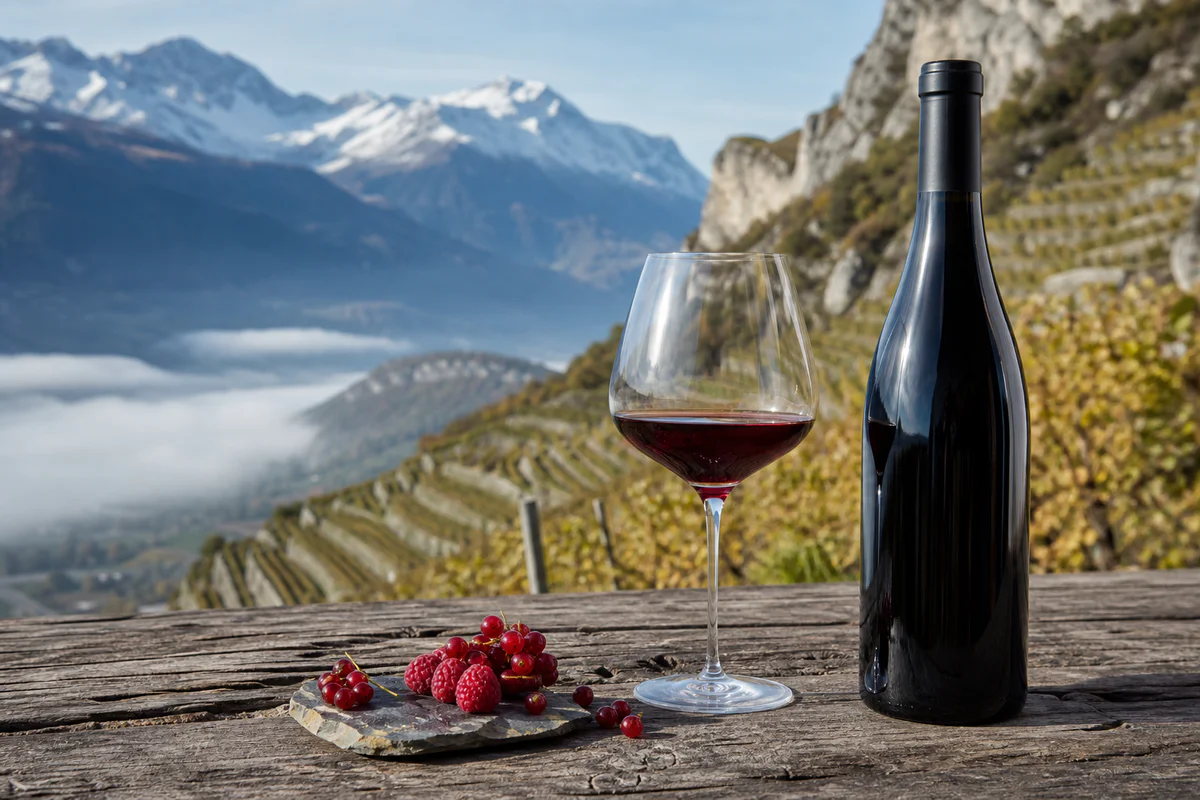 A glass of ruby-red Savoy Gamay wine beside a bottle overlooking alpine vineyards and mountain slopes.