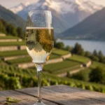 Flute of sparkling Savoie wine with fine bubbles, set against a blurred Alpine vineyard landscape near Lake Bourget