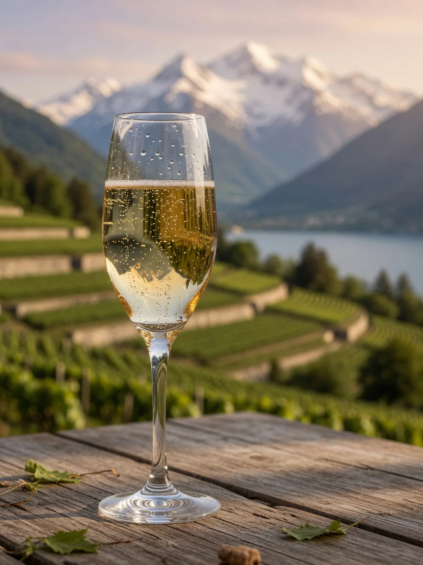 Flute of sparkling Savoie wine with fine bubbles, set against a blurred Alpine vineyard landscape near Lake Bourget