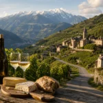 Vineyards and a wine tasting table overlooking an alpine village in Savoie.