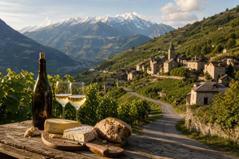 Vineyards and a wine tasting table overlooking an alpine village in Savoie.