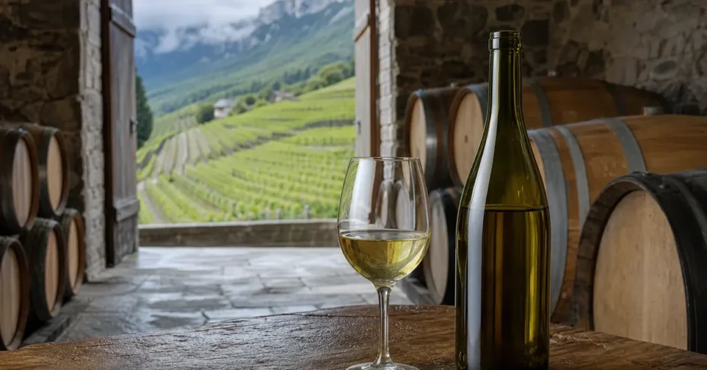 Bouteille de Jacquère et verre face aux vignes alpines