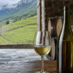 Bouteille de Jacquère et verre face aux vignes alpines
