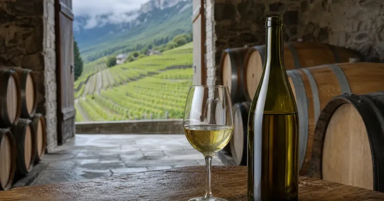 Bouteille de Jacquère et verre face aux vignes alpines