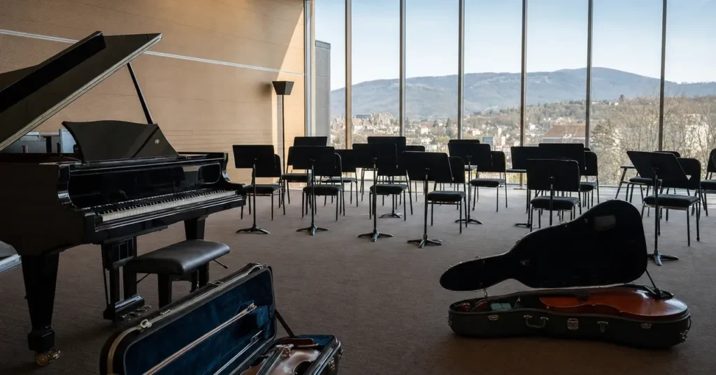 Salle de répétition vide, piano et pupitres face aux collines jurassiennes