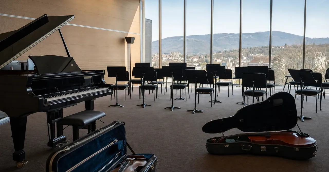 Salle de répétition vide, piano et pupitres face aux collines jurassiennes