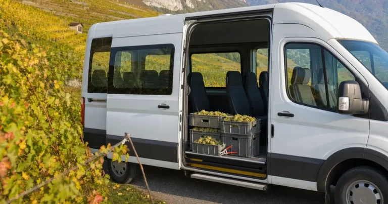 Minibus blanc prêt à transporter les vendangeurs dans le Jura