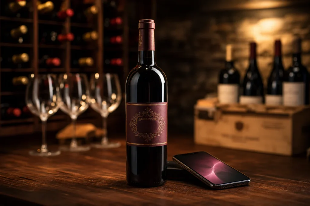Elegant editorial photograph showing a premium wine bottle on a wooden table with a smartphone, suggesting the concept of eva