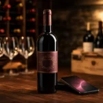 Elegant editorial photograph showing a premium wine bottle on a wooden table with a smartphone, suggesting the concept of eva