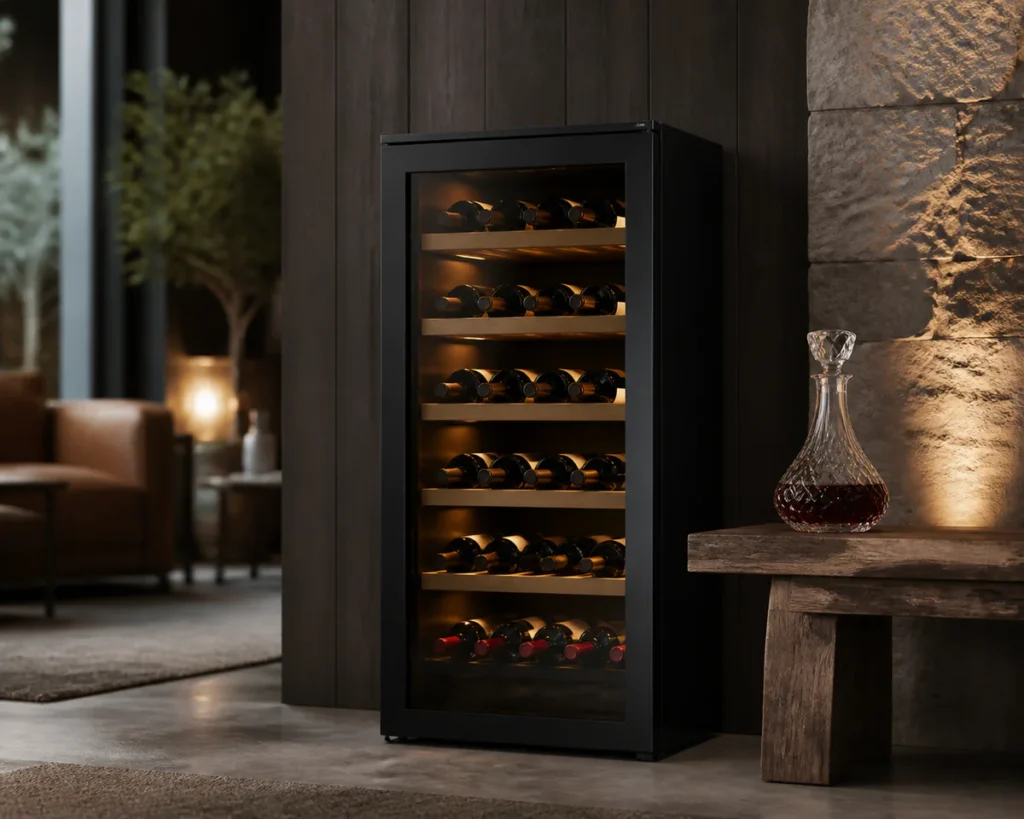 Slim single-zone Haier wine cooler cabinet in an elegant domestic setting with warm ambient lighting, showing neatly arranged