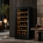 Slim single-zone Haier wine cooler cabinet in an elegant domestic setting with warm ambient lighting, showing neatly arranged