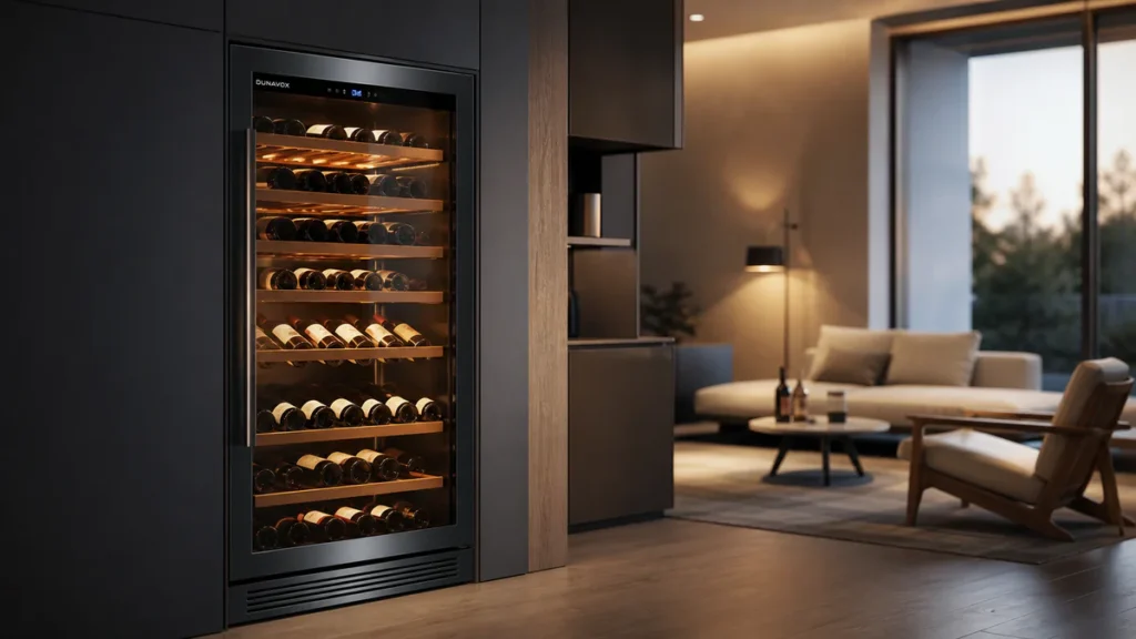 Modern hybrid wine cooler with glass door integrated into a contemporary living room, displaying neatly arranged wine bottles