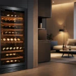 Modern hybrid wine cooler with glass door integrated into a contemporary living room, displaying neatly arranged wine bottles