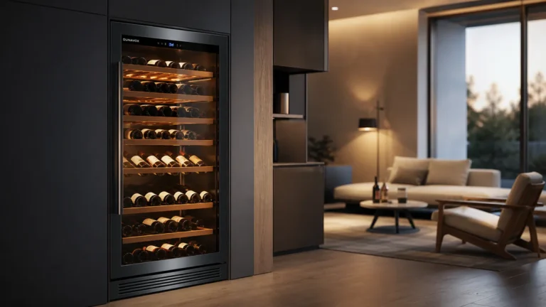 Modern hybrid wine cooler with glass door integrated into a contemporary living room, displaying neatly arranged wine bottles