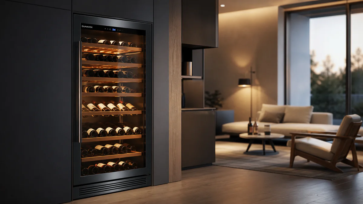 Modern hybrid wine cooler with glass door integrated into a contemporary living room, displaying neatly arranged wine bottles