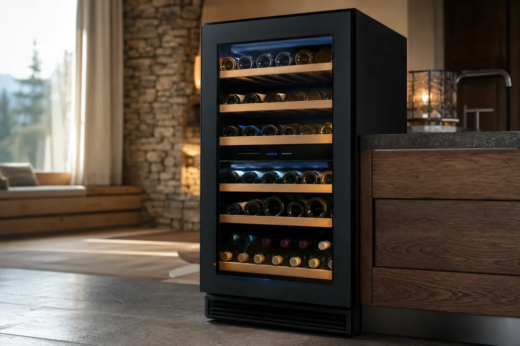 Sleek freestanding wine cooler with glass door showing neatly arranged wine bottles on wooden shelves, in an elegant modern k