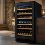 Sleek freestanding wine cooler with glass door showing neatly arranged wine bottles on wooden shelves, in an elegant modern k