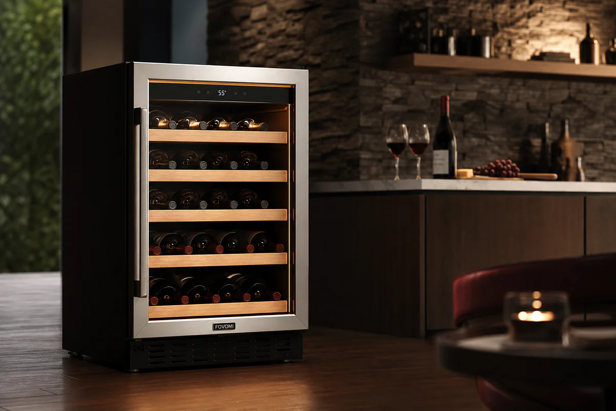Sleek modern 18-bottle Vinosphere wine cooler with glass door displaying wine bottles on wooden shelves in an elegant kitchen