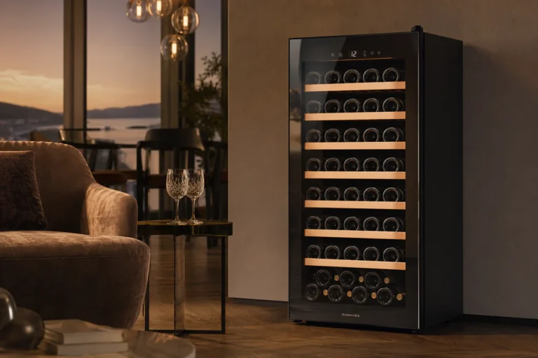 Sleek 28-bottle silent wine cooler with triple-glazed glass door in a modern living room setting, warm ambient lighting highl
