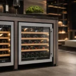 Two modern compact Taurus wine coolers side by side in a contemporary kitchen, with glass doors revealing neatly arranged win