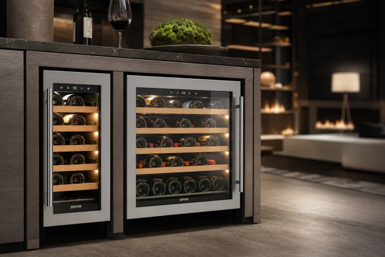 Two modern compact Taurus wine coolers side by side in a contemporary kitchen, with glass doors revealing neatly arranged win
