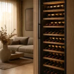 Sleek modern glass-door wine cooler integrated into an elegant contemporary living room, displaying illuminated wine bottles