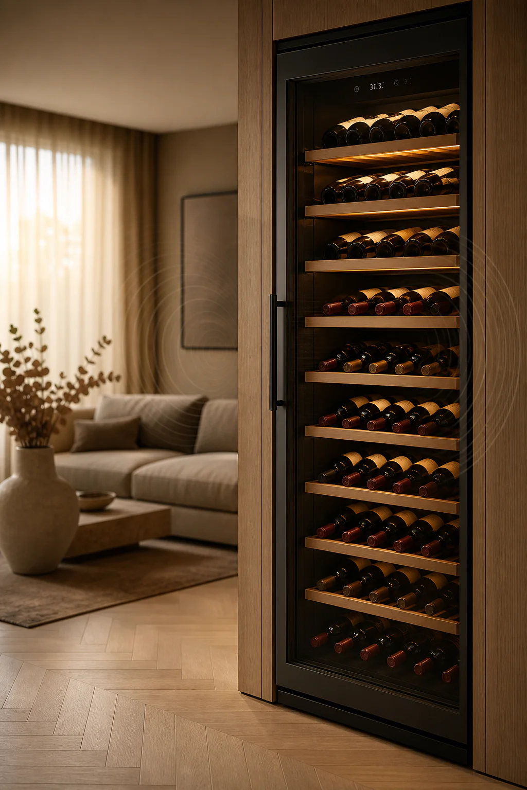 Sleek modern glass-door wine cooler integrated into an elegant contemporary living room, displaying illuminated wine bottles