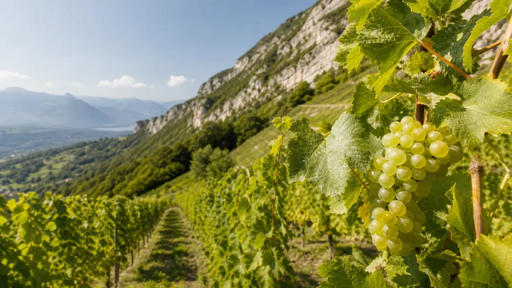 Vignes de Jacquère sur les coteaux calcaires d’Apremont, avec les Alpes en arrière-plan.