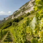 Vignes de Jacquère sur les coteaux calcaires d’Apremont, avec les Alpes en arrière-plan.