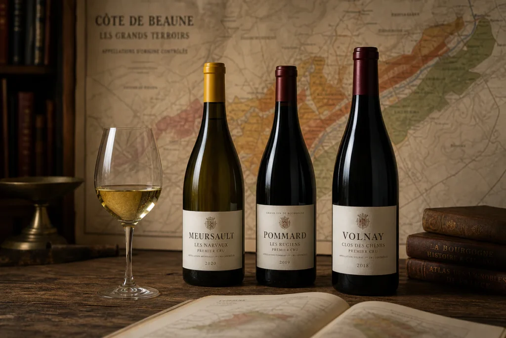 Three wine bottles arranged on a wooden surface in front of a softly blurred French wine region topographical map, illustrati