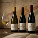Three wine bottles arranged on a wooden surface in front of a softly blurred French wine region topographical map, illustrati