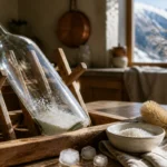 Bouteille en verre avec un dépôt blanc de calcaire au fond, posée sur l’égouttoir d’une cuisine savoyarde avec du riz, du gro
