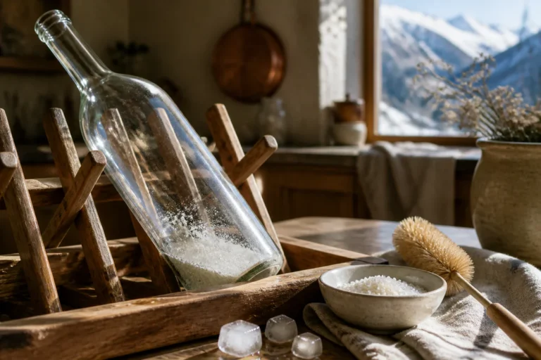Bouteille en verre avec un dépôt blanc de calcaire au fond, posée sur l’égouttoir d’une cuisine savoyarde avec du riz, du gro