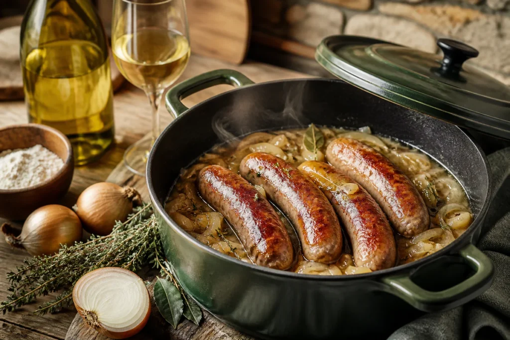 Cocotte de diots savoyards mijotés au vin blanc et aux oignons dans une sauce dorée