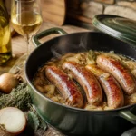 Cocotte de diots savoyards mijotés au vin blanc et aux oignons dans une sauce dorée
