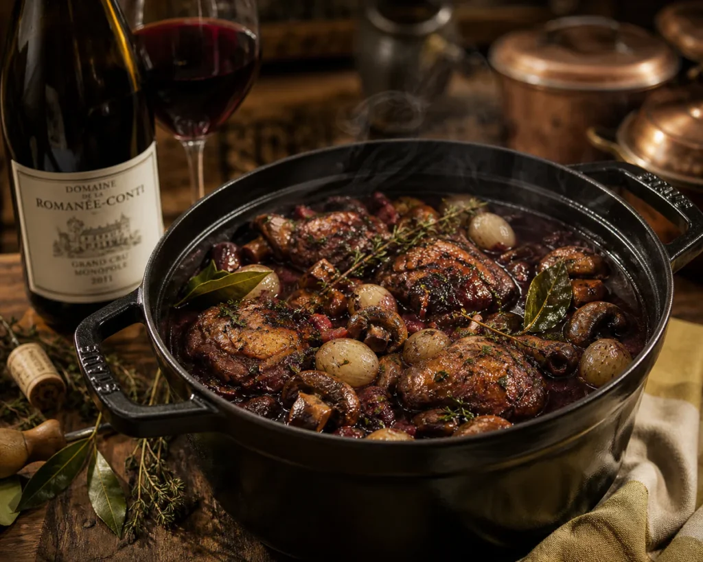 A traditional French coq au vin grandmother-style recipe simmering in a cast iron cocotte, with rich burgundy wine sauce, pea